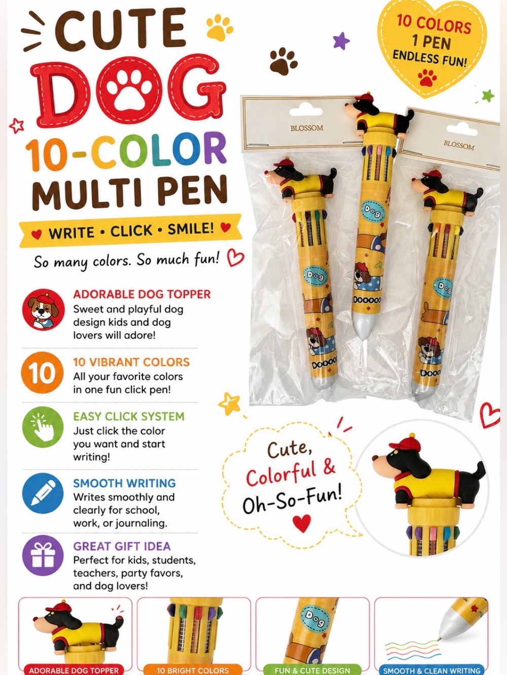 THREE CUTE 3D DOG 10 COLOR FUN CLICK INK PENS